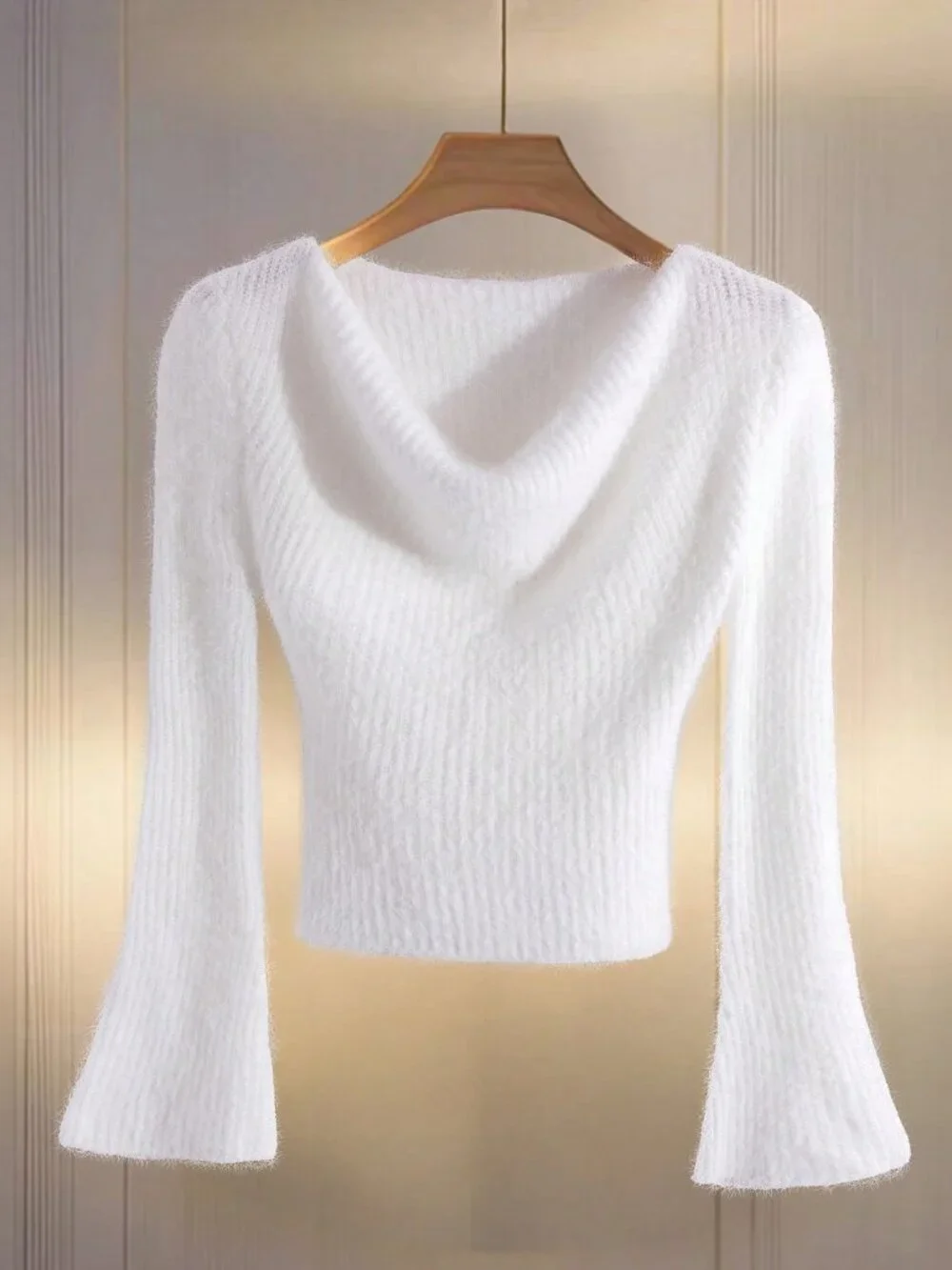 White Casual Women's Cowl Neck Rib-Knit Flare Sleeve Slim Top